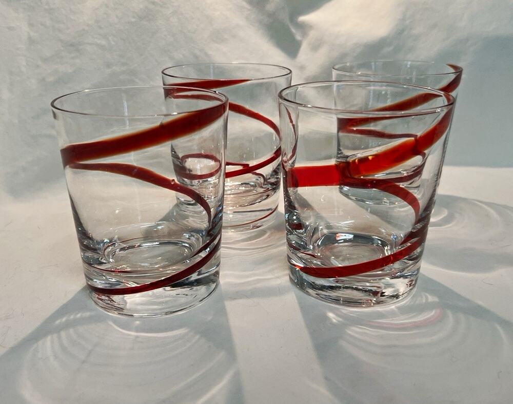 Vintage Pier 1 "Swirline" Mouth Blown Red Swirl Rocks low ball glasses -Set of 4